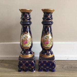 2 Vintage LIMOGES Royal Blue and Gold Porcelain Candle Holders