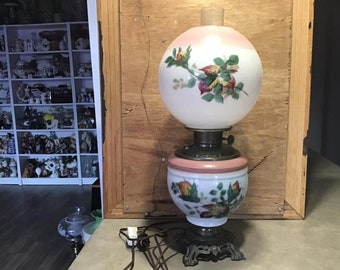 Vintage Borta med vinden orkanlampa, rosa handmålad blommig bordslampa för salongen