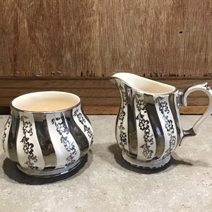 Vintage Sadler Creamer and Sugar Tea Set bowl Ivory with Silver 2822 Made in England.