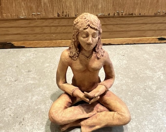 Signed Studio Pottery Meditation Statue, Terracotta Yoga Woman Figurine by C. Belos, Hand-Carved Clay Sculpture, Boho Zen Home Decor Gift