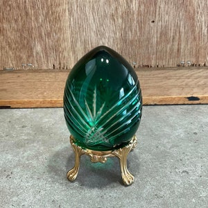 Bohemian Cut Glass Green Egg on Metal Stand, Vintage Paperweight