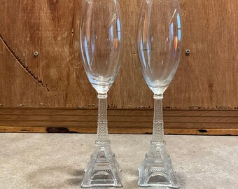 EIFFEL TOWER Champagne Glass, 10", Sculpted Stem, Pressed Glass, Clear Glass Goblet, Home Essentials Set of 2