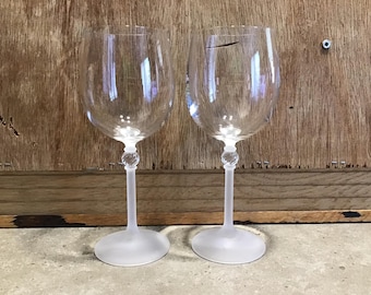 2 Vintage Wine Glasses - Clear Glass with Beautiful Frosted Ball Stem - Vintage Stemware - Retro Barware - Vintage Bar Glasses