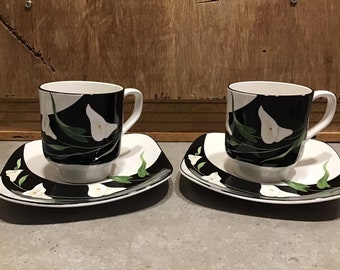 Set of 2 Sango Quadrille Black Lilies Coffee Cups with Saucers Semi Porcelain Made in Korea, Oven Dishwasher Microwave Safe,