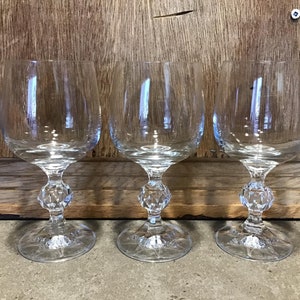 Set of 3 Vintage Claudia - Bright Clear Crystal Ball Stem Blown Glass Water or Wine Goblet