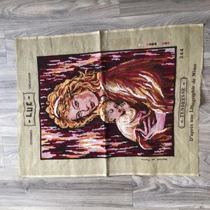 Vintage French Needlepoint: 1950s Mother & Child Tapestry