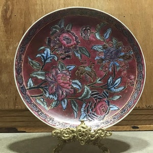 Vintage Floral Decorative Plate: Pink, Blue, and Gold Home Decor