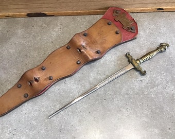 Vintage Knife Form Letter Opener With Leather Sheath, knight handle, Wall Hanging, French Decor