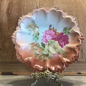 Antique M Z Floral Tray Dish Made in Austria Bowl, Unique Shape, Scalloped Edge