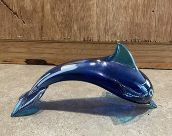 Art Glass Leaping Dolphin Blue Iridescent Glass 7.8”