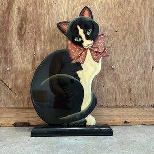 Vintage Wood Primitive Black Cat with Bow, Wood Folk Art, Signed