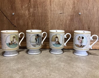 4 Vintage Collectible Bessie Pease Gutmann The Reward by Heirloom Girl and Puppy Footed Tea Cups Coffee Mugs