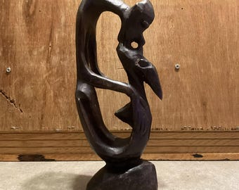 Romantic Wood Carving: Abstract Kissing Couple Statue (11" H)