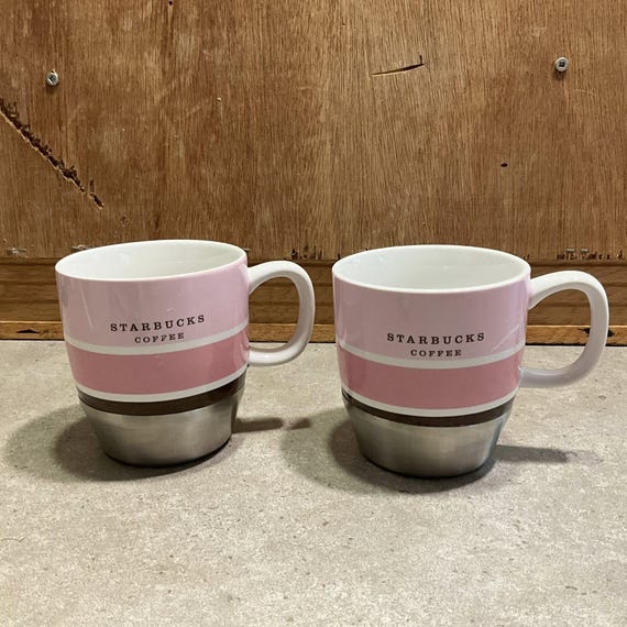 2 Starbucks Pink Ceramic Coffee Mugs With Stainless Bottom, 10 Oz