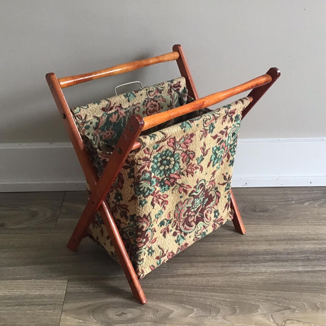 Vintage Folding Knitting Bag Wood & Floral Fabric Sewing Notion