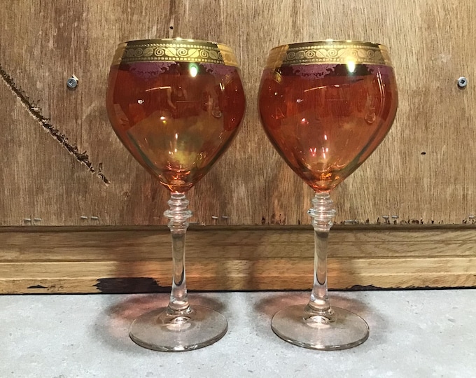 2 Vintage Italy Wine Glasses Cranberry With Gold Goblets Pink Gold Band