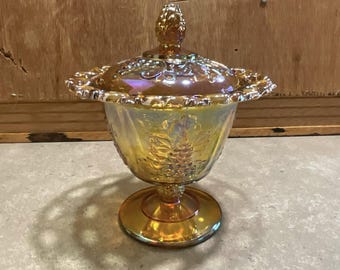 Vintage Indiana Glass Marigold Carnival Glass Candy Dish with Lid, 7" Harvest Grape Compote with Open Lace Edge, Iridescent Amber Mid-Cent