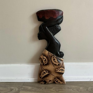 Vintage Carved Wooden Wall Hanging Plaque African Tribal Woman Large 19&quot; Figurine