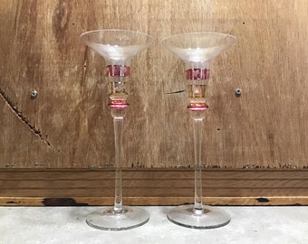 2 Tall Heart Glass Cranberry Candle Holders, Long Stem Glass Candle Holder - Pink Gold