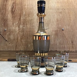 Mid century 7 piece set Murmac Bohemian Czech glass smokey amber Decanter set applied 10 k gold detail sherry liquor decanter
