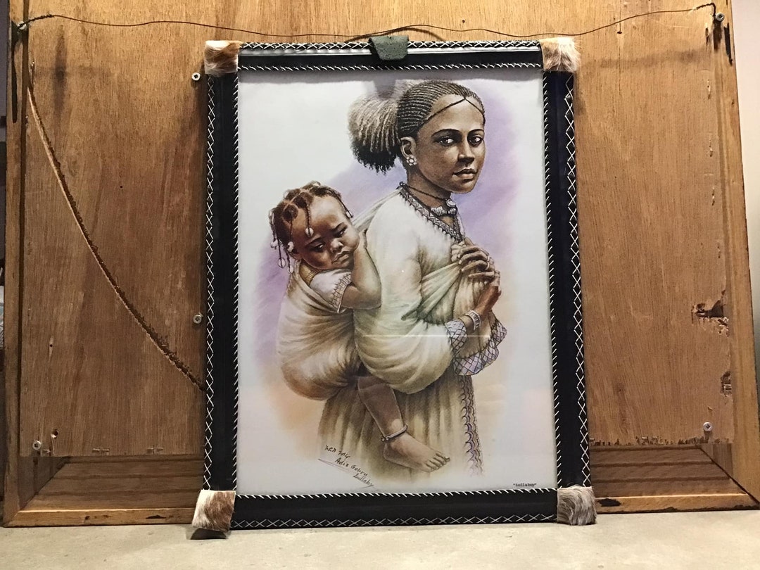 Vintage Ethiopian Picture With Leather Handmade Frame TRIBAL Signed by