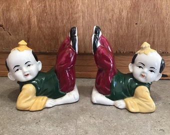 Set Peking East Mann Bookends Japan Asian Boys Ceramic Figurines Decorative Book Ends