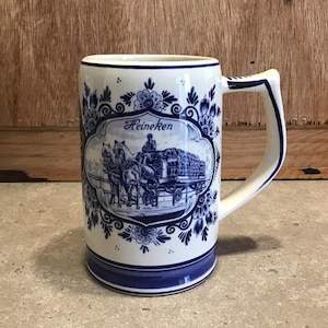 Vintage Flora Keramiek Delfts Heineken Mug Made in Holland Blue and White