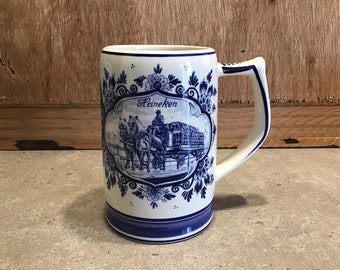 Vintage Flora Keramiek Delfts Heineken Mug Made in Holland Blue and White