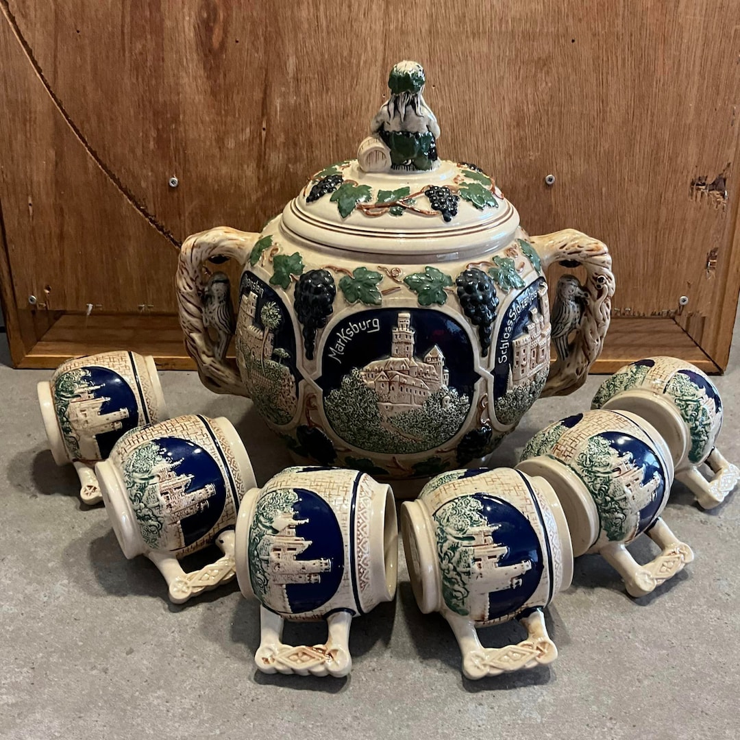 Vintage German Punch Bowl Set: Figural Lid, Castle & Grape Design, 6 ...