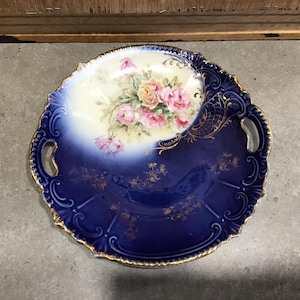 Antique Cobalt Plate Pink Roses Royal Bavarian Germany