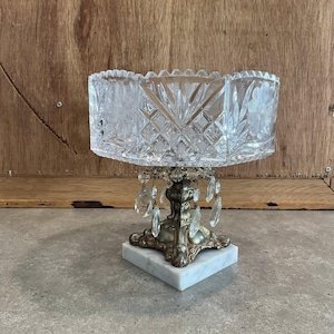 Vintage or Antique Floral CRYSTAL COMPOTE Bowl With Brass and Marble Base Diamond Point Glass Pedestal Dish Crystal Candy Dish Home Decor