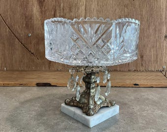 Vintage Crystal Compote Bowl: Floral Diamond Point Glass with Brass & Marble Base