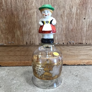 Vintage West Germany Crystal Goebel Bell with original foiled paper label, Glass Bell with Girl Handle, Gold hand paint Grapes and Leaves