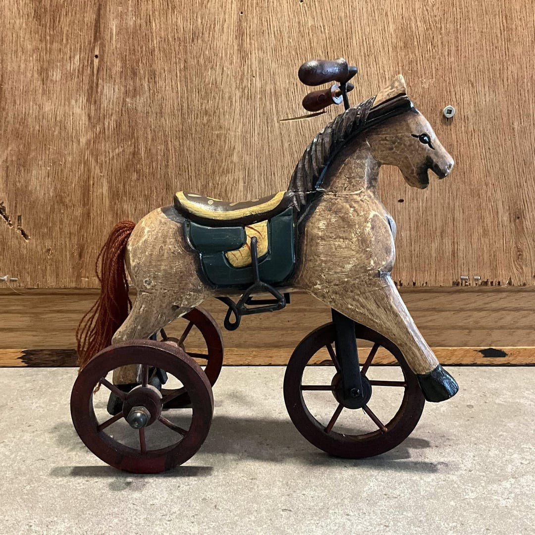 Vintage Small Wood Horse With Wheels Figurine, Tricycle Rolls