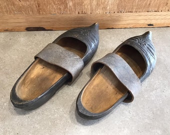 Antique French Wooden Clogs: 19th Century Farmhouse Shoes