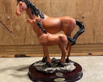 Vintage "The Canadian Wilderness" Horse/Foal Statue, Authentic Mare and Colt Figurine on Wood Base, Equestrian Decor, Canadian Heritage Gift