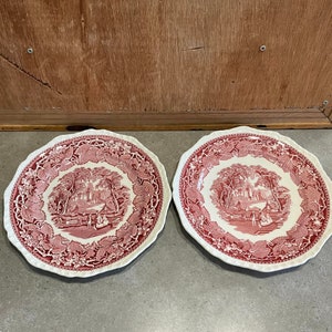 2 vecchi piatti piani vintage Mason&#39;s Vista, trasferimento in pietra di ferro bianco rosso, antica porcellana fine inglese