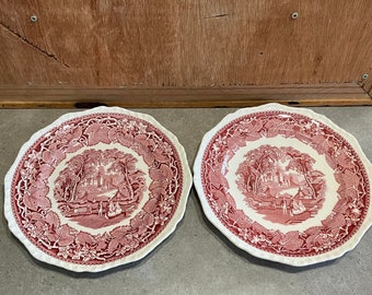Pode incluir: Dois pratos de cerâmica branca com um padrão floral rosa e uma cena rosa e branca de uma casa em uma floresta. Os pratos têm uma borda festoneada.