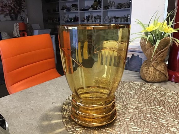 ヴィンテージチェコボヘミアングラスアンバーエッチング＆ゴールド