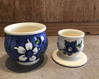 Vintage Butter Crock, Butter Dish, Butter Keeper, Blue, Floral, Marie France