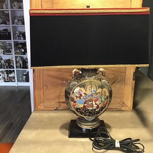 Antique Japanese Satsuma Moriage Moon Flask Vase with Black Shade Hand Painted Immortals Table Lamp