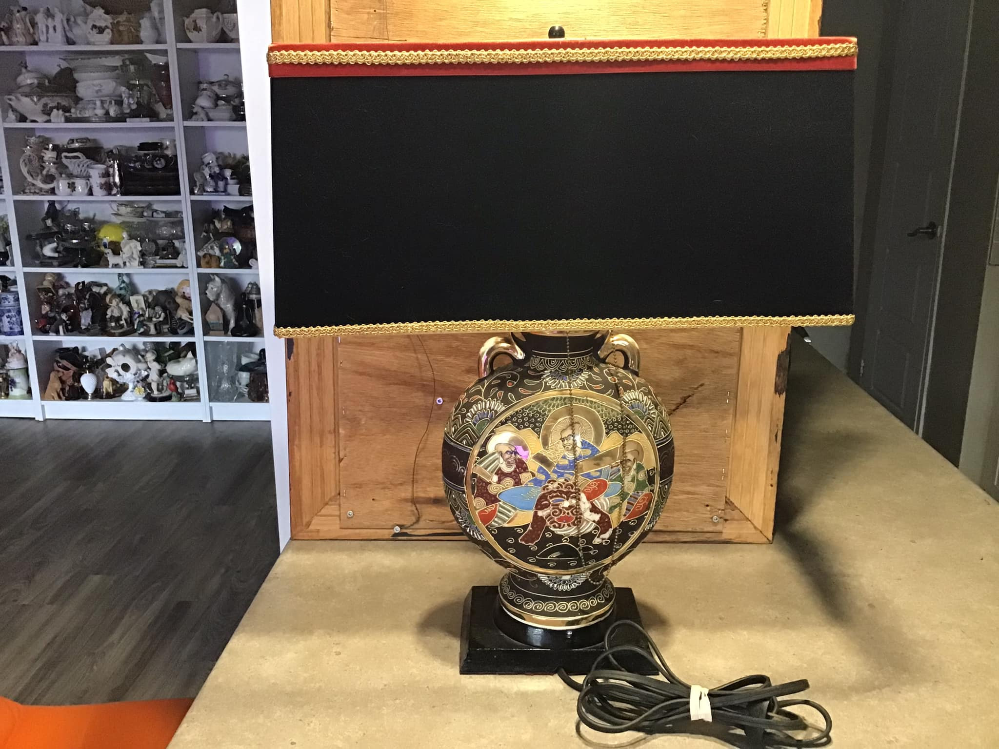Antique Japanese Satsuma Moriage Moon Flask Vase with Black Shade Hand Painted Immortals Table Lamp