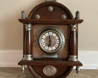 Vintage Pewter Wooden Wall Clock - Made in Italy Zinn Pewter Lion Regulator Clock - Italian Walnut Baroque Decor - As Is Battery Operated