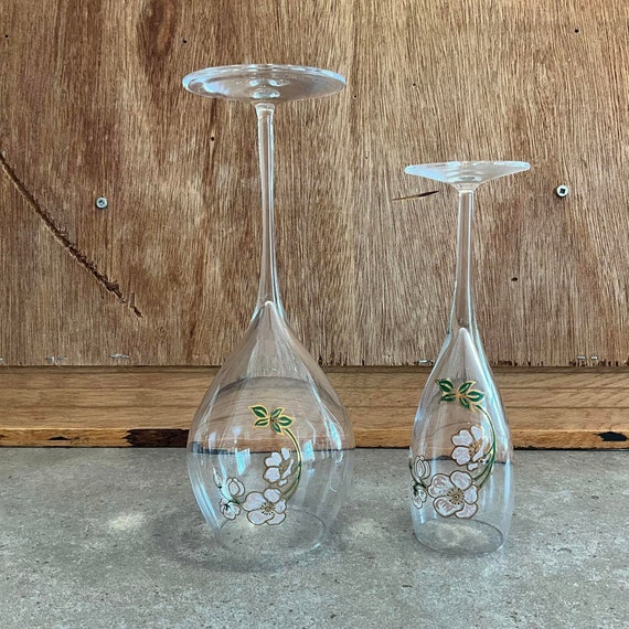 Vintage Perrier Jouet Champagne and Wine Glass Hand Painted Floral