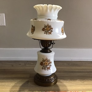 Vintage Milk Glass Hurricane Lamp with Brown Flowers