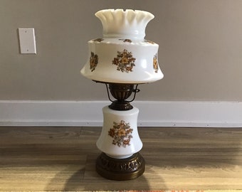 Vintage Milk Glass Hurricane Lamp with Brown Flowers