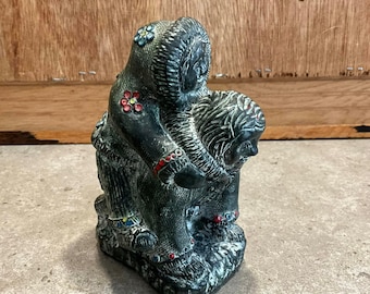 A Wolf Original Soap Stone Sculpture Inuit Man With 2 Wolves 5
