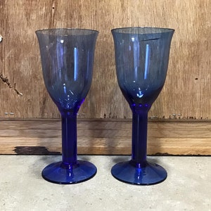 2 Cobalt Blue Blown Glass Stemmed Wine Goblets