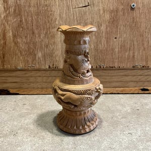 Vintage Carved Wooden Vase with Wild Animals Detail