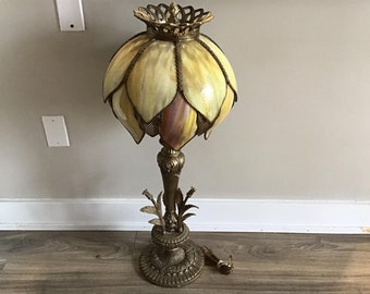 Beautiful Metal Table Lamp with shade Slag Glass Tulip Style panels, Vintage or Antique Lamp